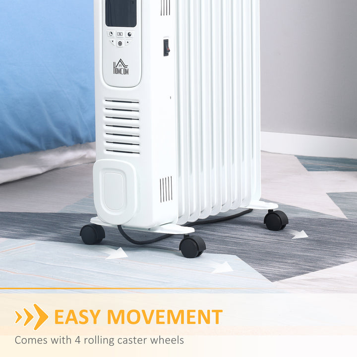 2000W Digital Oil Filled Radiator, 9 Fin, Portable Electric Heater with LED Display, Timer, 3 Heat Settings, Safety Cut-Off and Remote Control, White