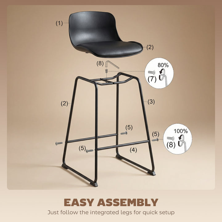 Modern Bar Stools Set of 2, PU Leather Barstools, Counter Height Kitch