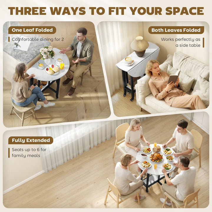 Folding Dining Table, Drop Leaf Table with Open Shelf, Rolling Kitchen