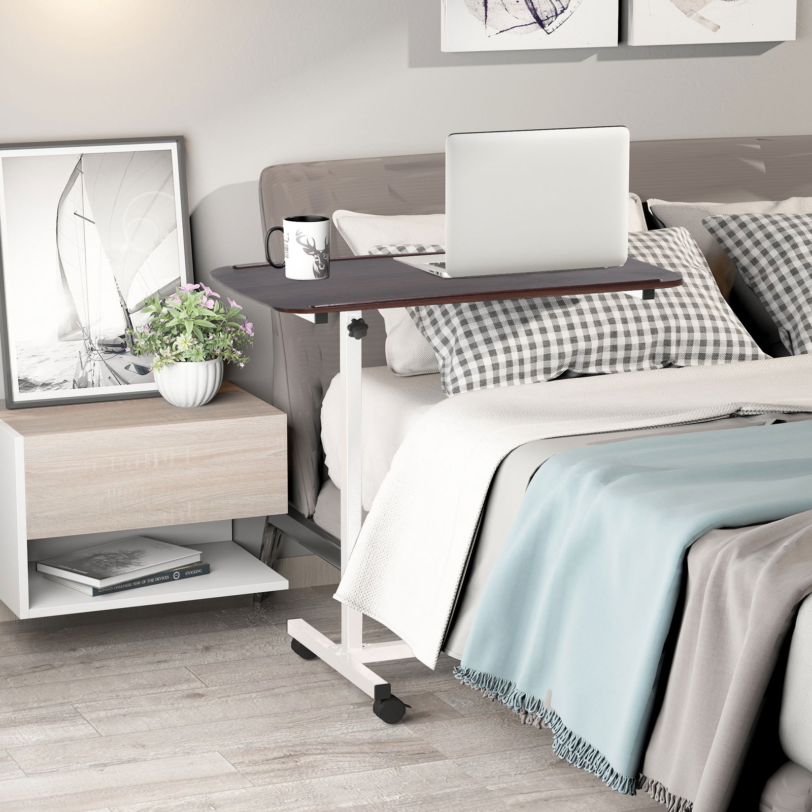 Height Adjustable Over Bed Table with Wheels, C Shaped Laptop Desk, Portable Hospital Bed Table for Living Room, Bedroom, Brown