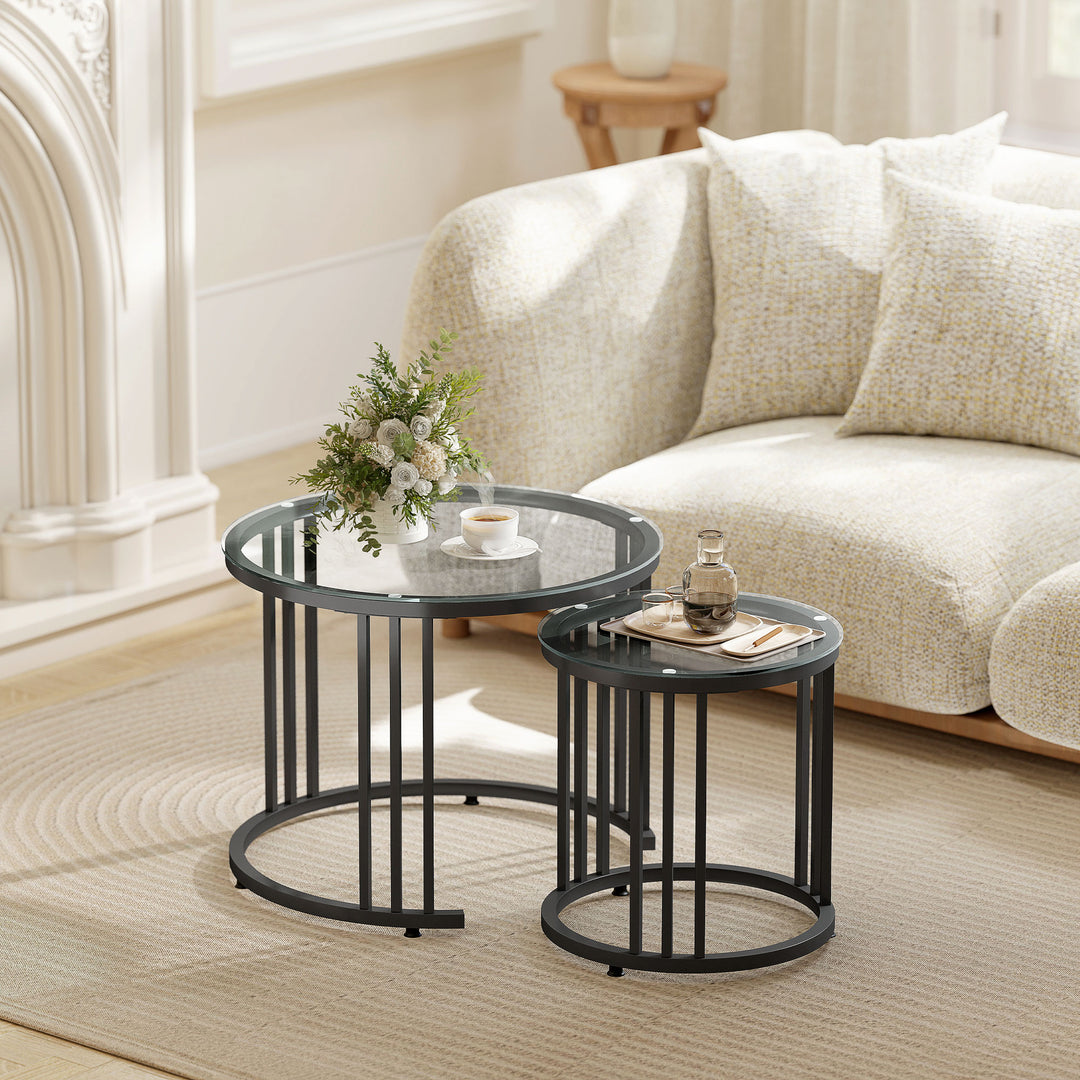 Round Coffee Tables Set of 2, Nesting Tables with Tempered Glass Top a