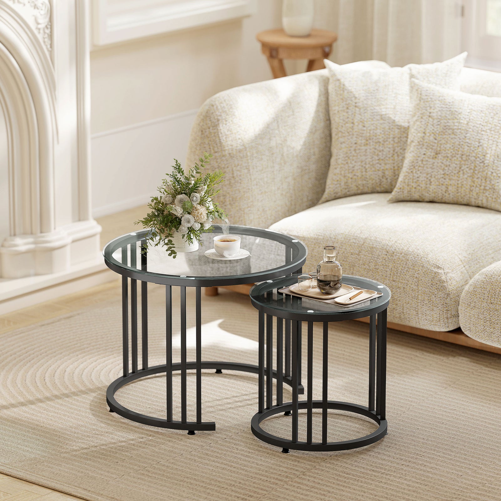 Round Coffee Tables Set of 2, Nesting Tables with Tempered Glass Top a