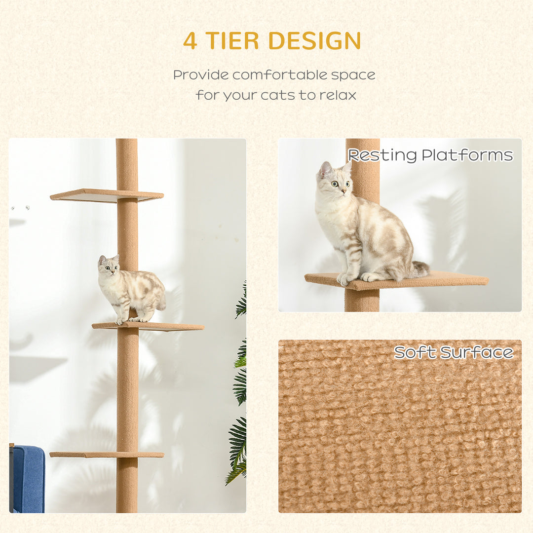 PawHut Floor to Ceiling Cat Tree, 260cm Tall with 3 Perches and Flannel Upholstery, Activity & Rest Tower, Brown | Aosom UK