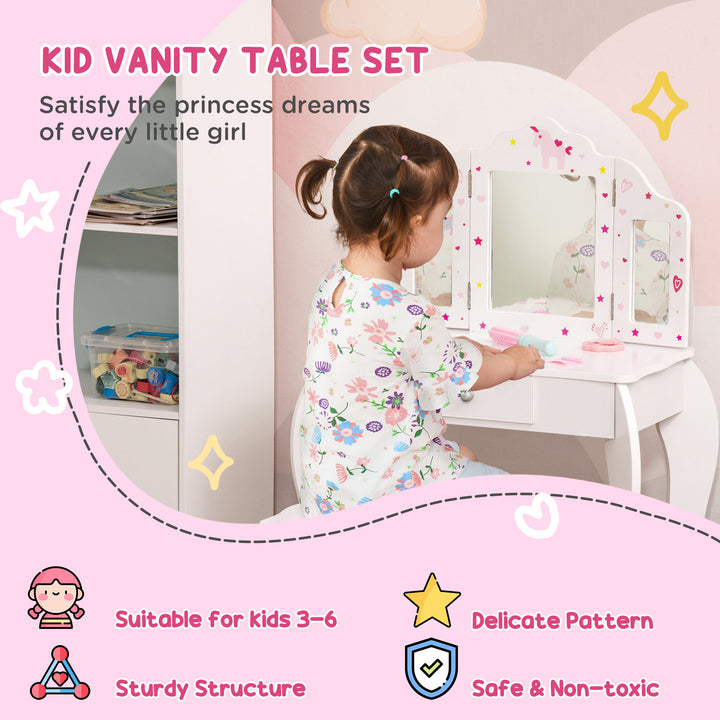 Kids Vanity Table and Chair Set with Tri-Folding Mirror and Stool, Makeup Dressing Table with Drawer, White