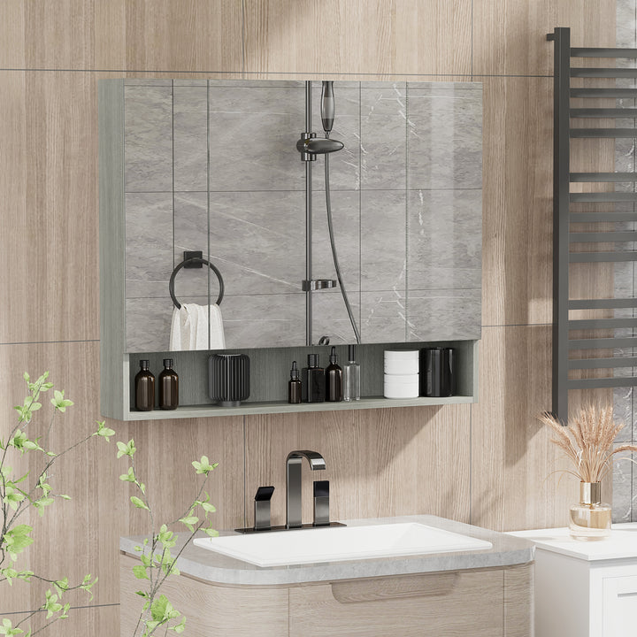 Kleankin Bathroom Mirror with Storage, 3 Upper Spaces, 3 Doors and 1 Bottom Shelf, 90W x 15D x 75H cm, Grey | Aosom UK