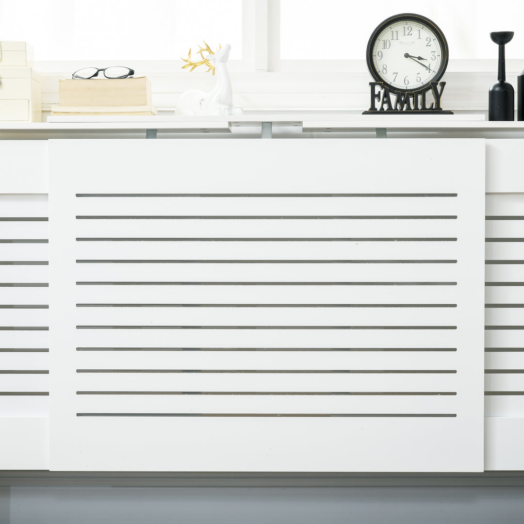 Set of 2 MDF Extendable Radiator Cover with Cabinet Shelving, Home Office Slatted Design, White 139-208.5L x 20.5W x 82.5H cm