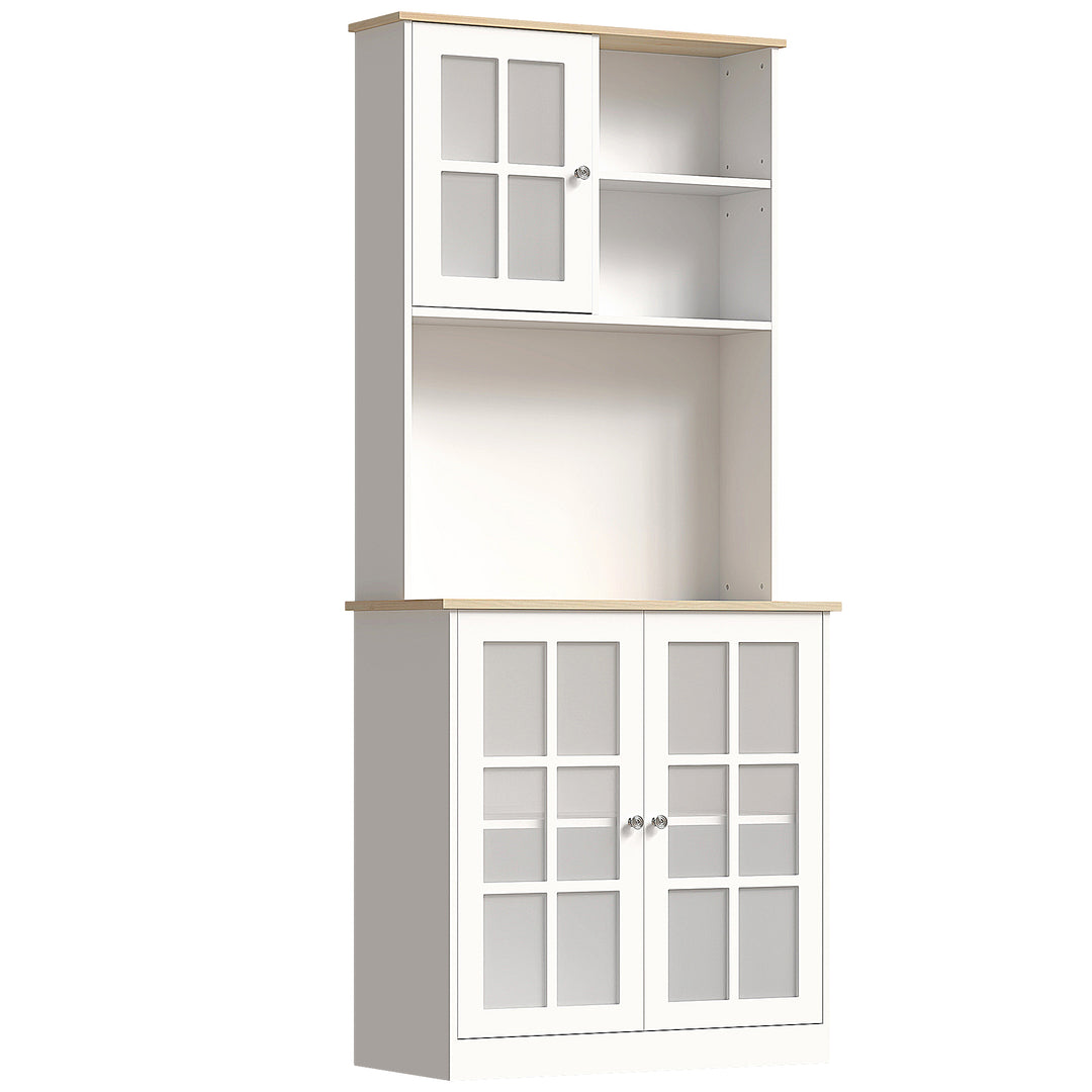 Freestanding Kitchen Cupboard, Storage Cabinet with Doors and Adjustable Shelves, Counter Top, Grid Glass Doors, 80L x 37W x 183H cm - White