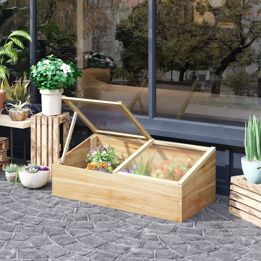 Wooden Cold Frame Greenhouse Garden Polycarbonate Grow House with Independent Openable Top Covers for Flowers, Vegetables, Plants, 100 x 50 x 36 cm, Natural