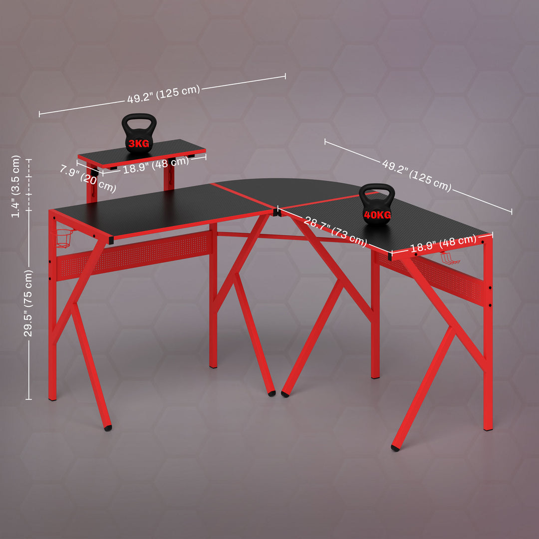 Gaming Desk L-Shaped Corner Computer Table for Home Office PC Workstations with Adjustable Monitor Stand Cup Holder Headphone Hook 125x125x75cm, Red