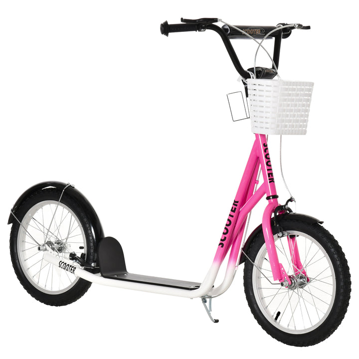 MCL Kids Scooter, Kick Stunt Scooter with Adjustable Handlebar, Dual Brakes, Basket, Cupholder, Mudguard, 16" Inflatable Rubber Wheels, for 5-12 years, Pink