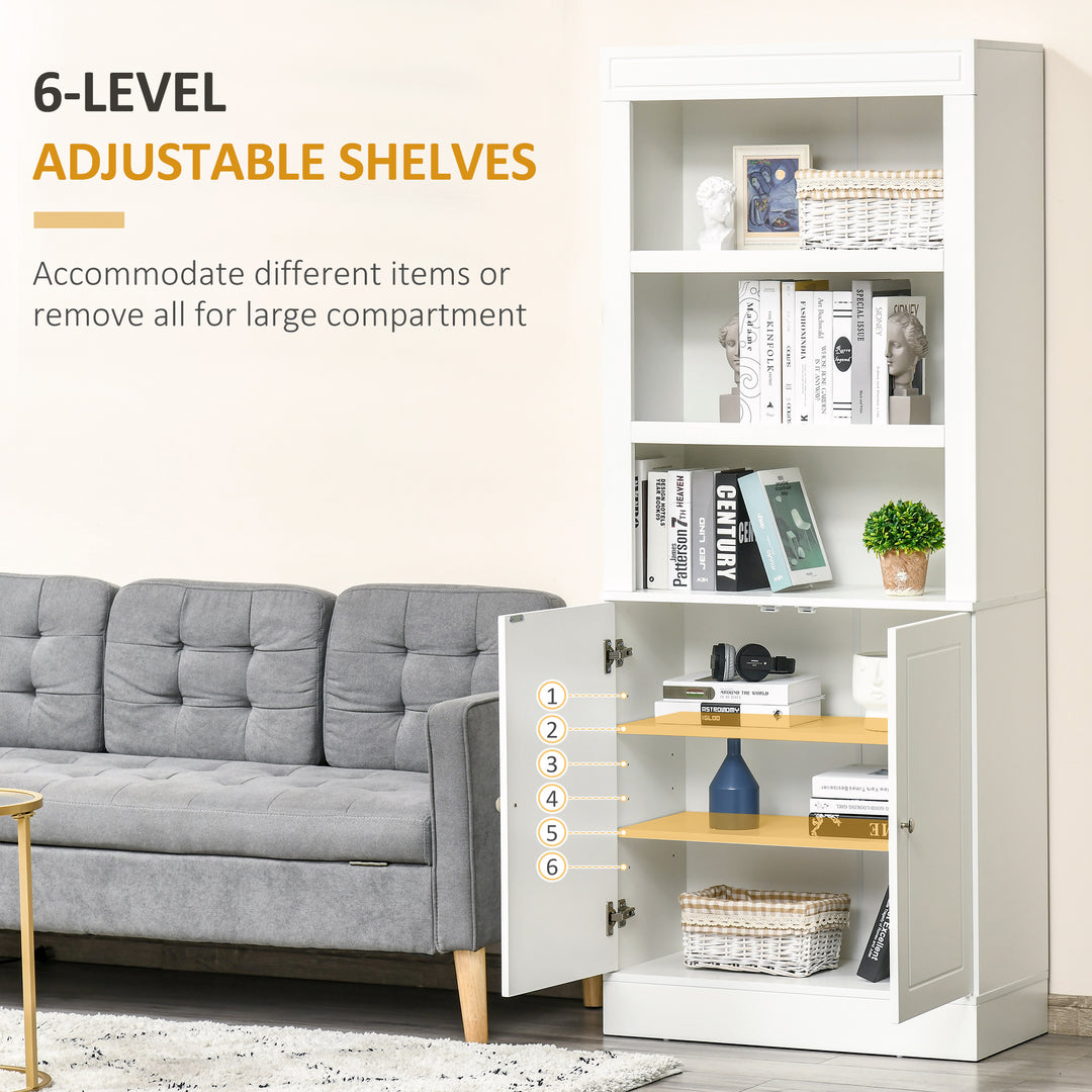 Kitchen Cupboard with 6-tier Shelving, Freestanding Storage Cabinet, Pantry Cupboard with 3 Open Compartments and Double-door Cabinet with Adjustable Shelves, White
