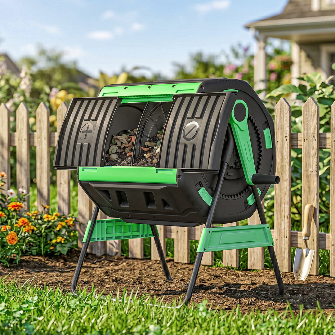 Garden Compost Bin, 200L Dual Chamber Tumbling Composter with Adjustab