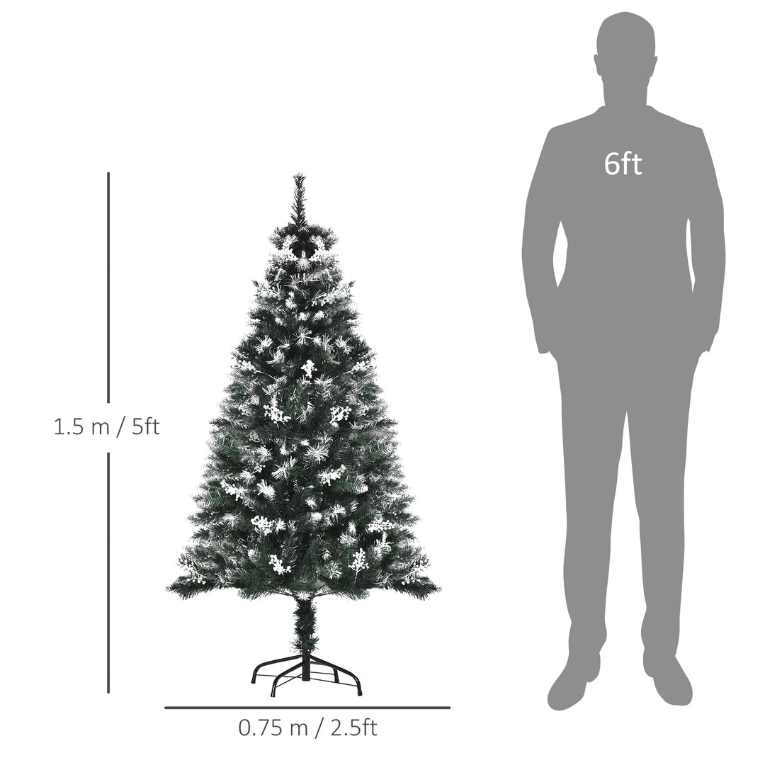5FT Artificial Snow-Dipped Christmas Tree Xmas | Home Home Indoor Decoration | Removable Stand w/ White Berries Star Topper Branch Green