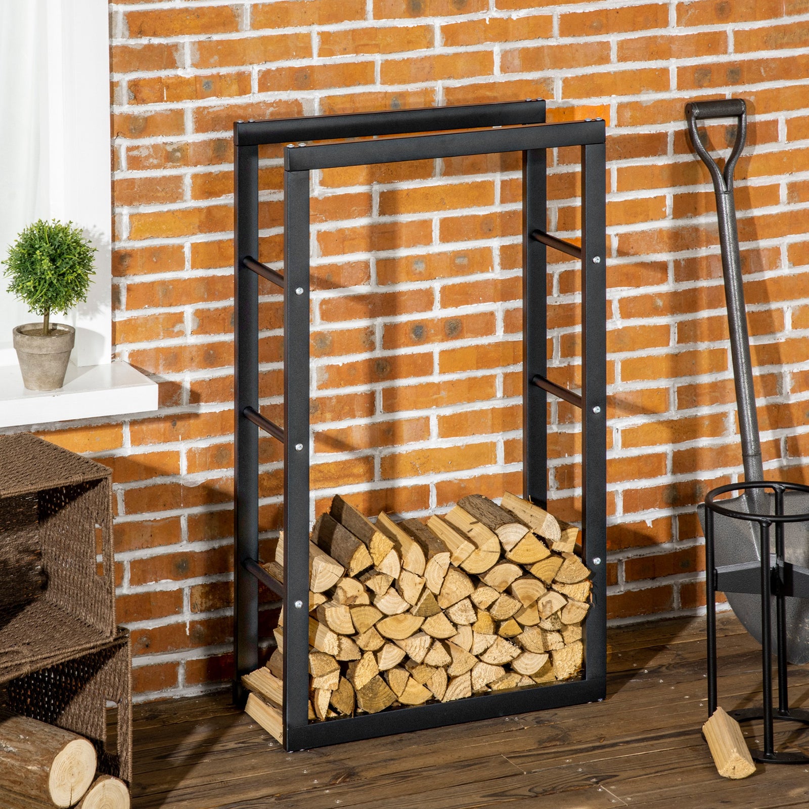 Metal Firewood Log Holder Tall Firewood Rack Indoor Outdoor Fireplace Wood Storage Shelf with Side Rails, Rust-Resistant, Black, 60W x 25D x 100H cm