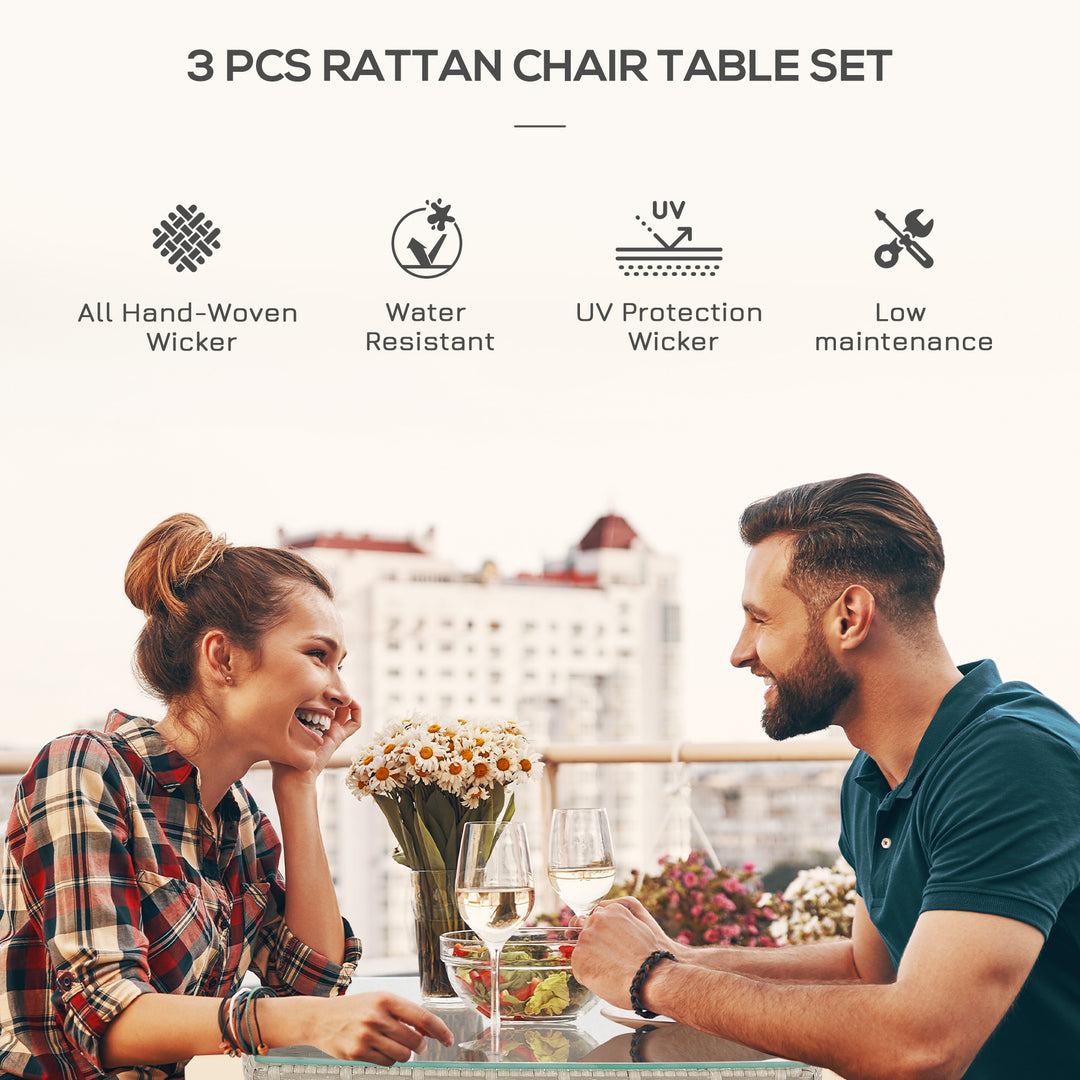 MCL 3 Pieces Rattan Bistro Set, Wicker Garden Furniture Set with 2-Tier Coffee Table and Chairs, Washable Cushions, for Outdoor Patio Balcony, Grey