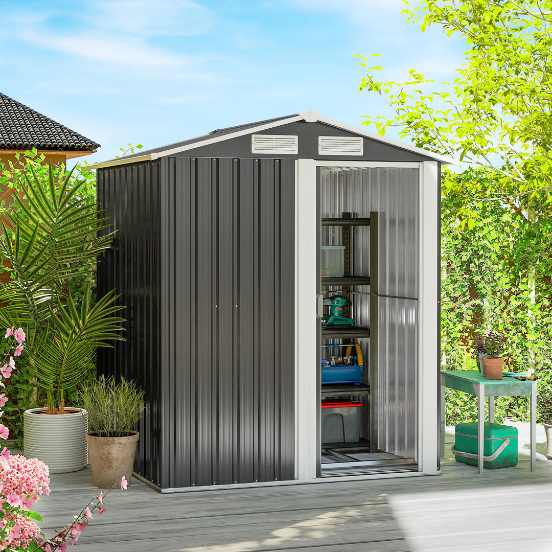 MCL Garden Metal Tool Storage Shed with Sliding Door, Sloped Roof and Foundation Kit, 152 x 132 x 188cm, Grey