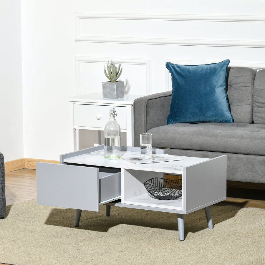 White Coffee Table with Faux Marble Top, 2-Tier Wood Center Table Sofa Table with Storage Drawer and Shelf for Home Living Room Reception Room