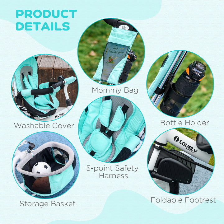 6 in 1 Kids Trike with Parent Handle, Canopy, 5-point Safety Belt, Storage, Footrest, Brake, for 1-5 Years, Green