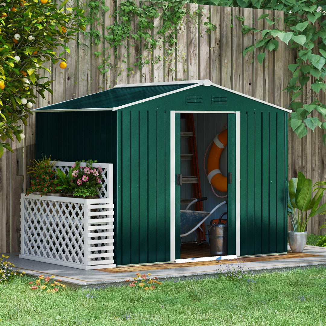 Outsunny 8 x 6 ft Metal Garden Storage Shed Corrugated Steel Roofed Tool Box with Ventilation and Sliding Doors, Green