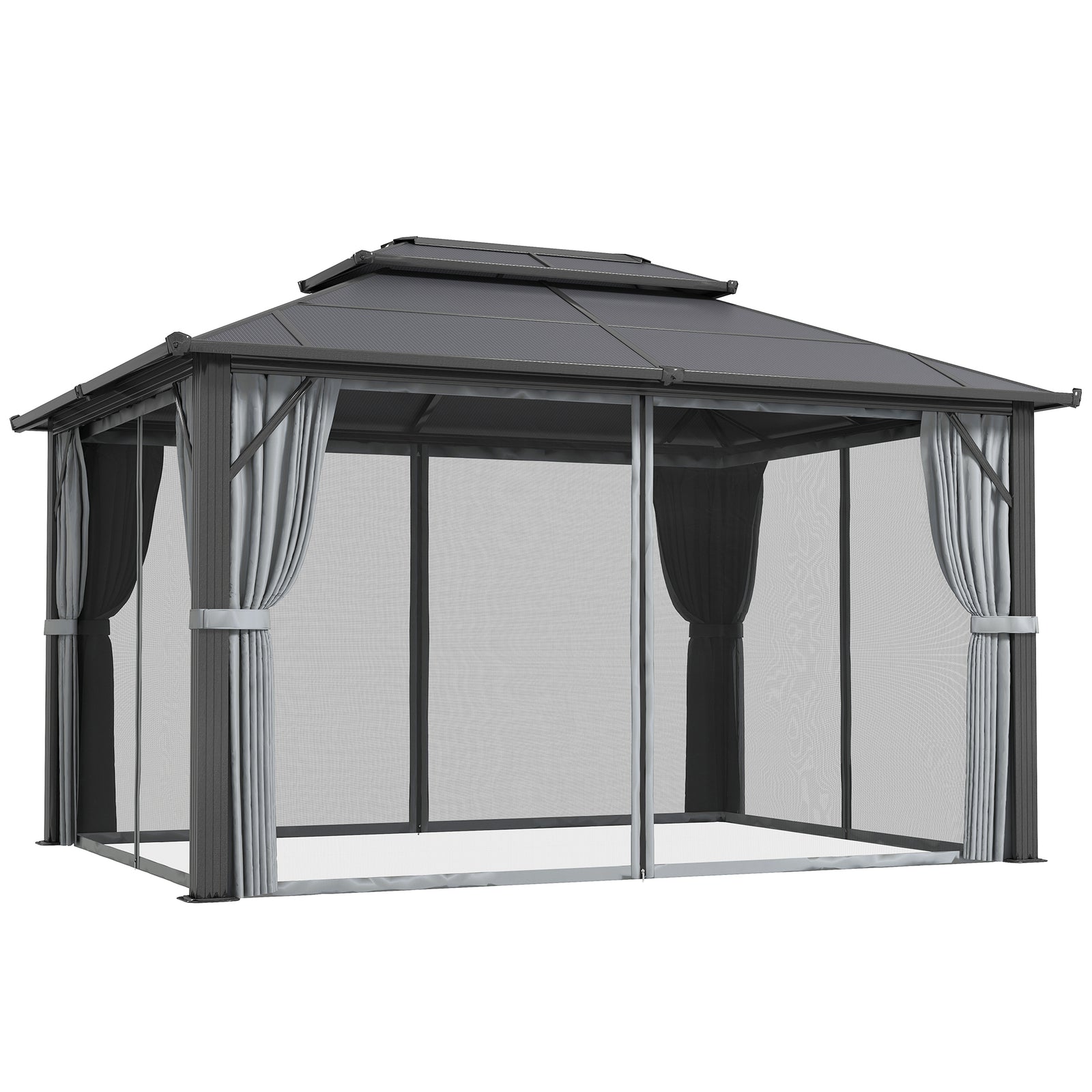 3 x 4m Hardtop Gazebo Canopy with UPF30+ Double Polycarbonate Roof, Aluminium Frame Garden Gazebo Permanent Pavilion with Mosquito Netting and Curtains for Patio, Deck, Grey