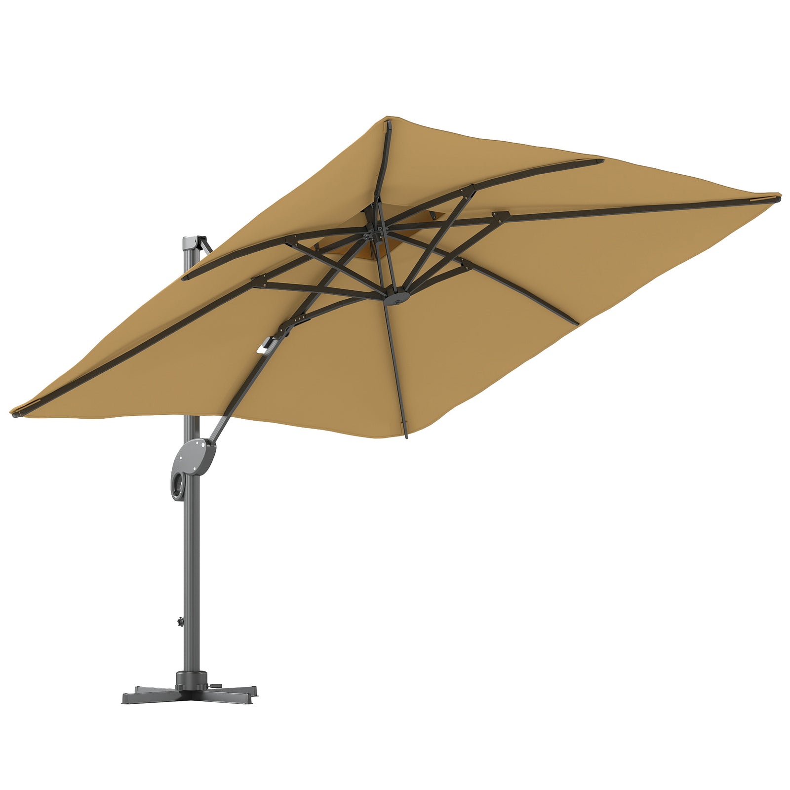 Garden Parasol, 3(m) Cantilever Parasol with Hydraulic Mechanism, Dual Vented Top, 8 Ribs, Cross Base, Khaki