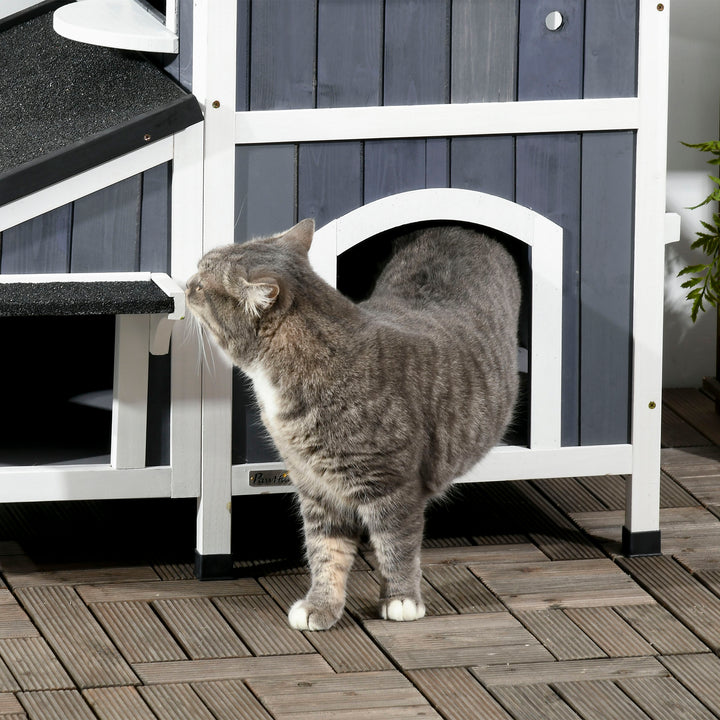 PawHut Wooden Cat House Outdoor with Flower Pot, 2 Tiers Cat Shelter with Window, Multiple Entrances, Water