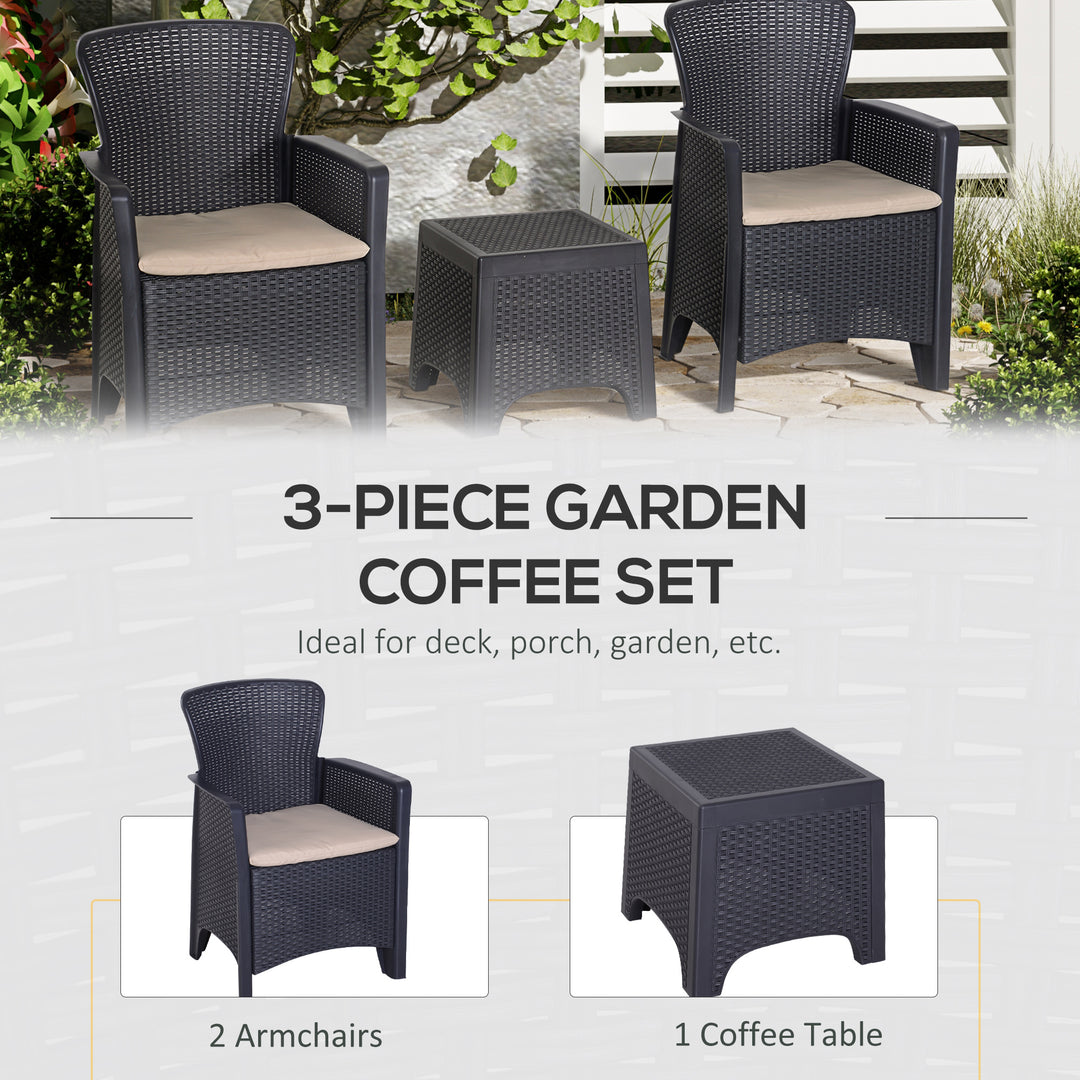 3 PCS Rattan Effect Garden Bistro Set 2 Chairs & Coffee Table Set with Cushion Patio Lawn Balcony Furniture - Dark Brown