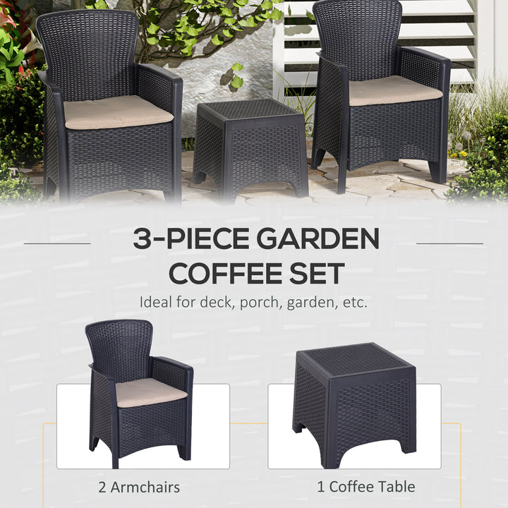3 PCS Rattan Effect Garden Bistro Set 2 Chairs & Coffee Table Set with Cushion Patio Lawn Balcony Furniture - Dark Brown