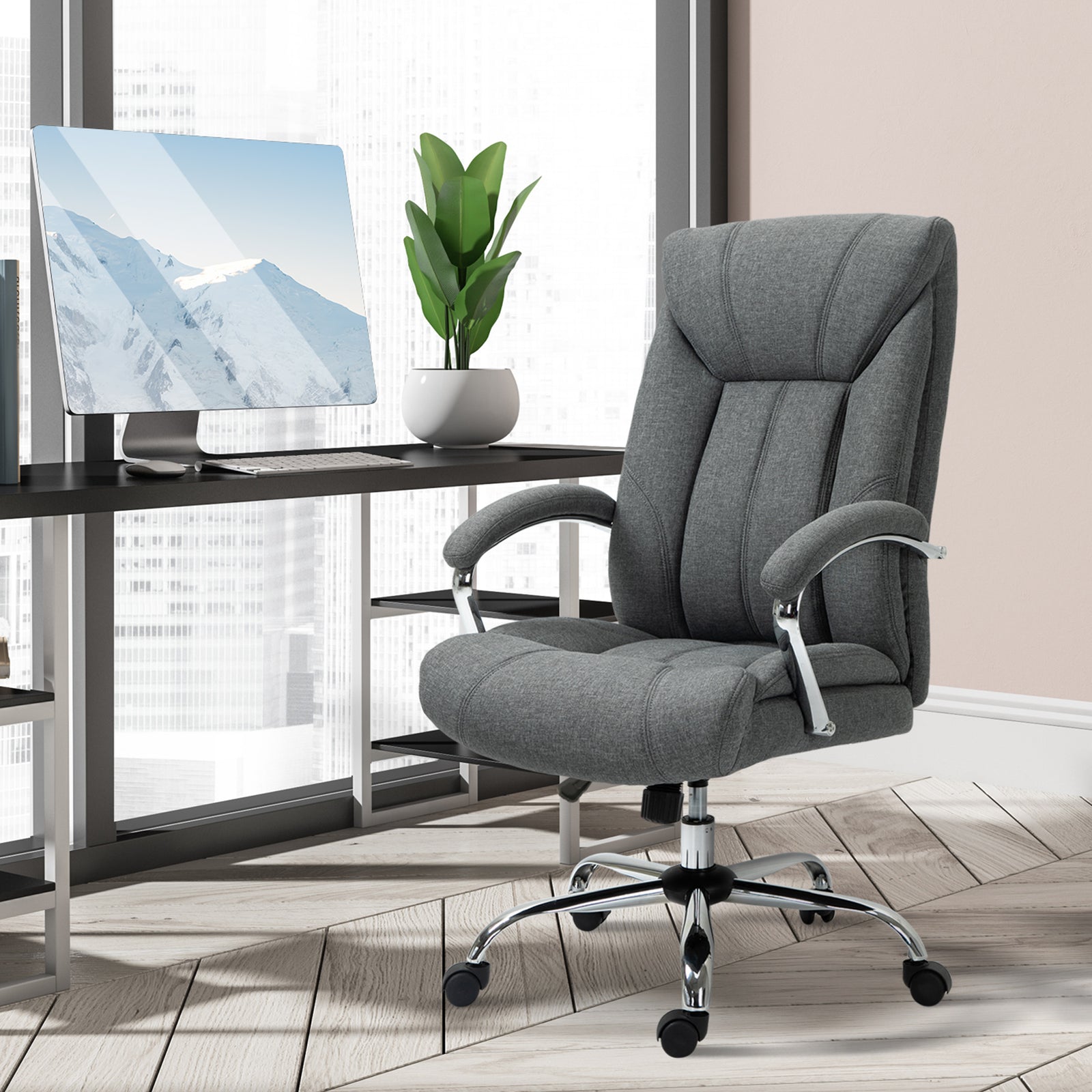 Office Chair, Fabric Desk Chair, Padded Executive Chair with Adjustable Height, Swivel Wheels, Metal Star Base, Grey