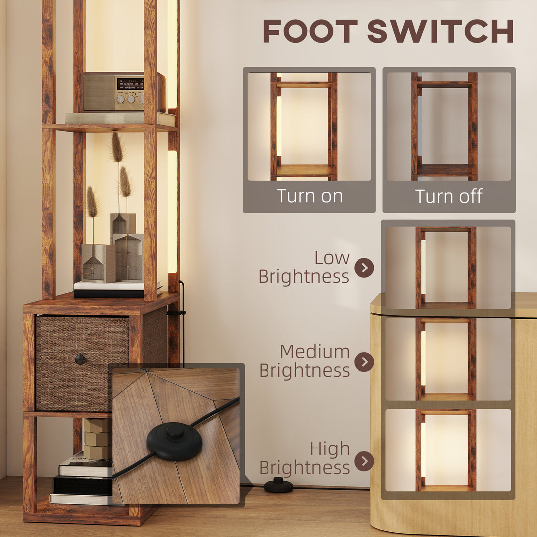 Floor Lamp with Shelves, LED Column Modern Standing Lamp with Fabric Drawer, Adjustable Brightness, Foot Switch for Living Room, Bedroom, Office, Rustic Brown