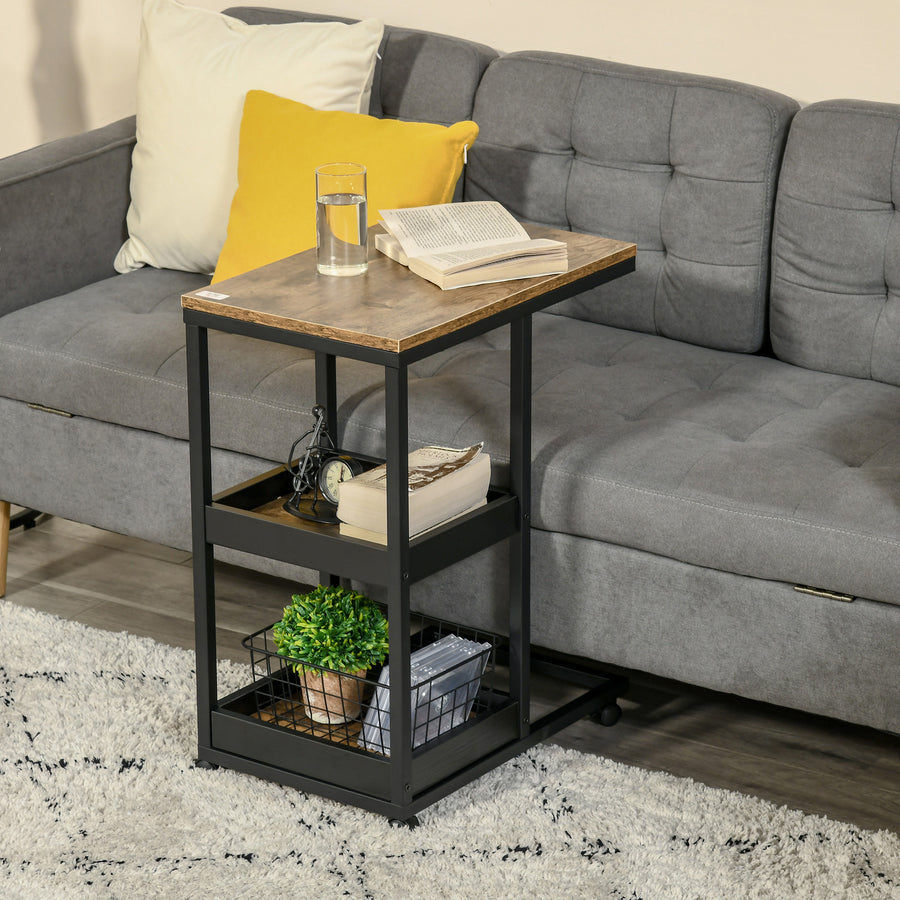 Industrial Mobile Sofa Side Table C-Shaped Rolling Couch Table with 3-Tier Storage Shelving Four Lockable Wheels Steel Frame - Brown