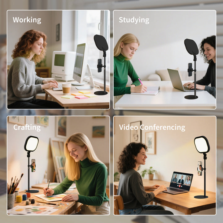 Selfie Light for Video Conference Lighting, Dimmable Desk Lamp with Stand Phone Holder, 5 Colour Modes & 10 Brightness Levels, Memory Function for Home Office, Recording, Video Calls, Black