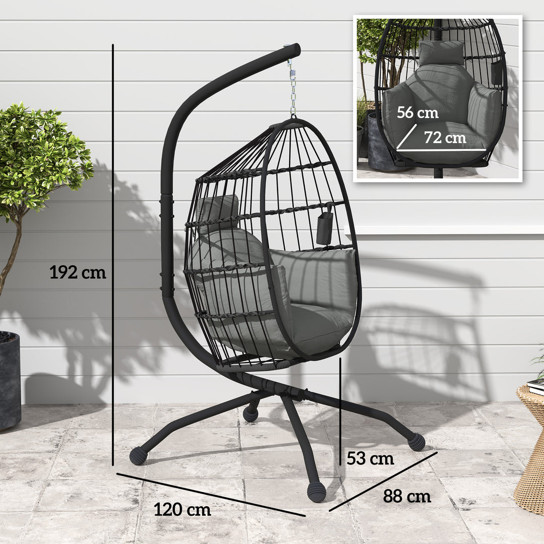 Hanging Egg Chair Outdoor Indoor Garden Swing Chair with Folding Basket and Thickened Cushion, Garden Hanging Chair with Stand, Headrest, Cup Holder for Patio, Balcony, Dark Grey