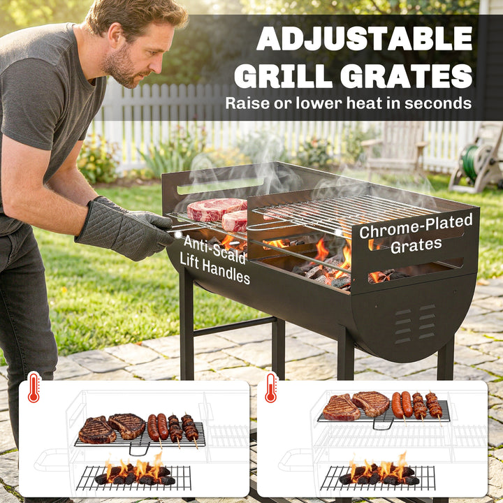 Charcoal Barbecue Grill with 2 Cooking Areas, Portable BBQ Trolley wit