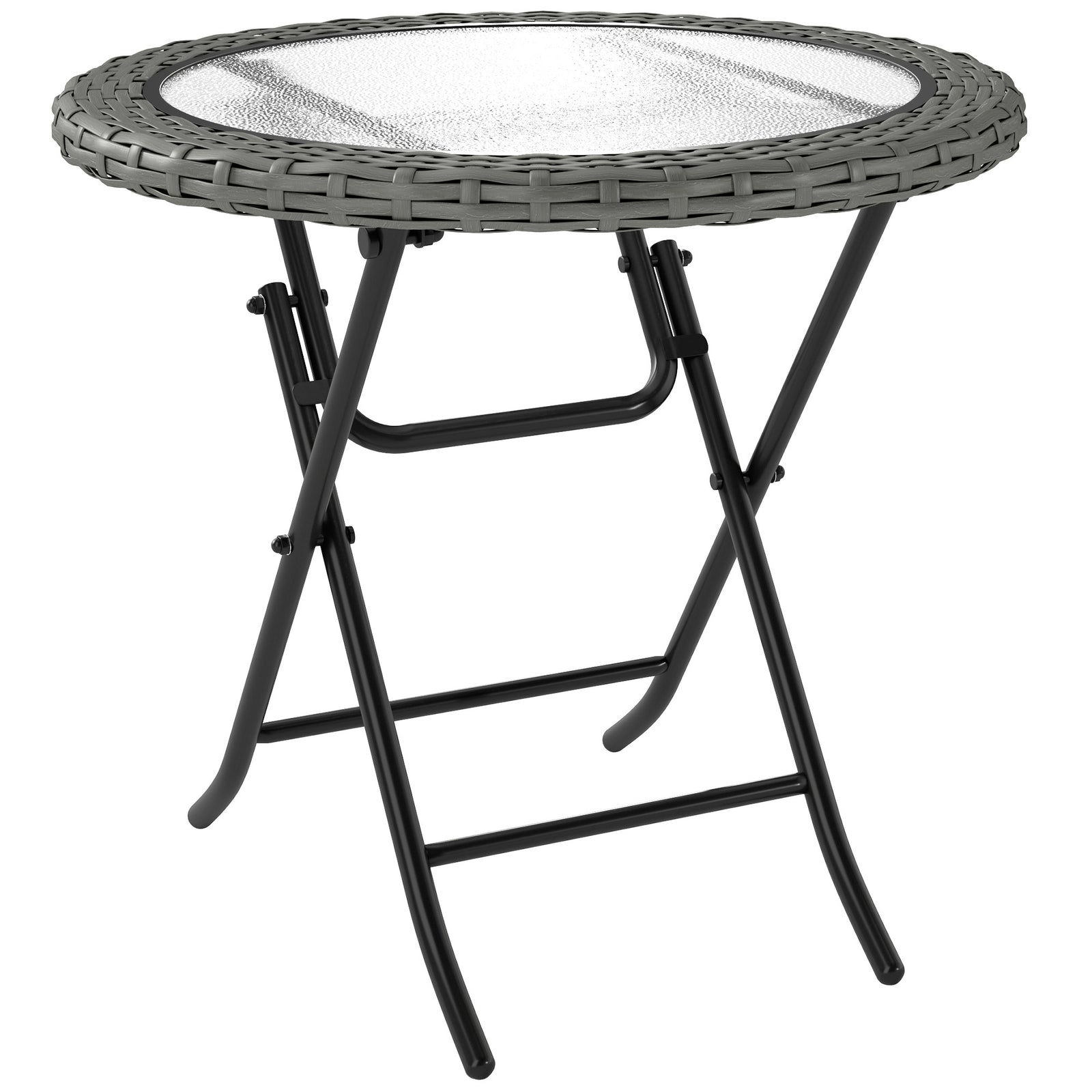 Folding Rattan Garden Dining Table, 68 cm Round Rattan Garden Table with Water Ripple Tempered Glass Top, Wicker Edging and Steel Frame for Outdoor, Patio, Grey