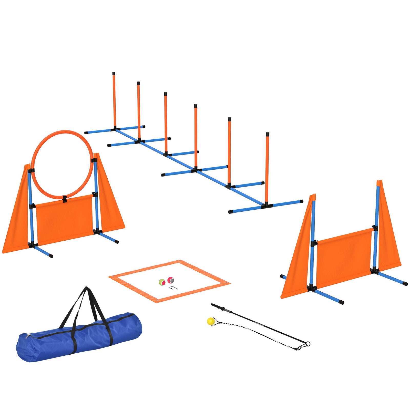 Seven-Piece Dog Agility Equipment Set with Weave Poles, Jump Ring, Hurdle, Pause Box, Carry Bag, Orange