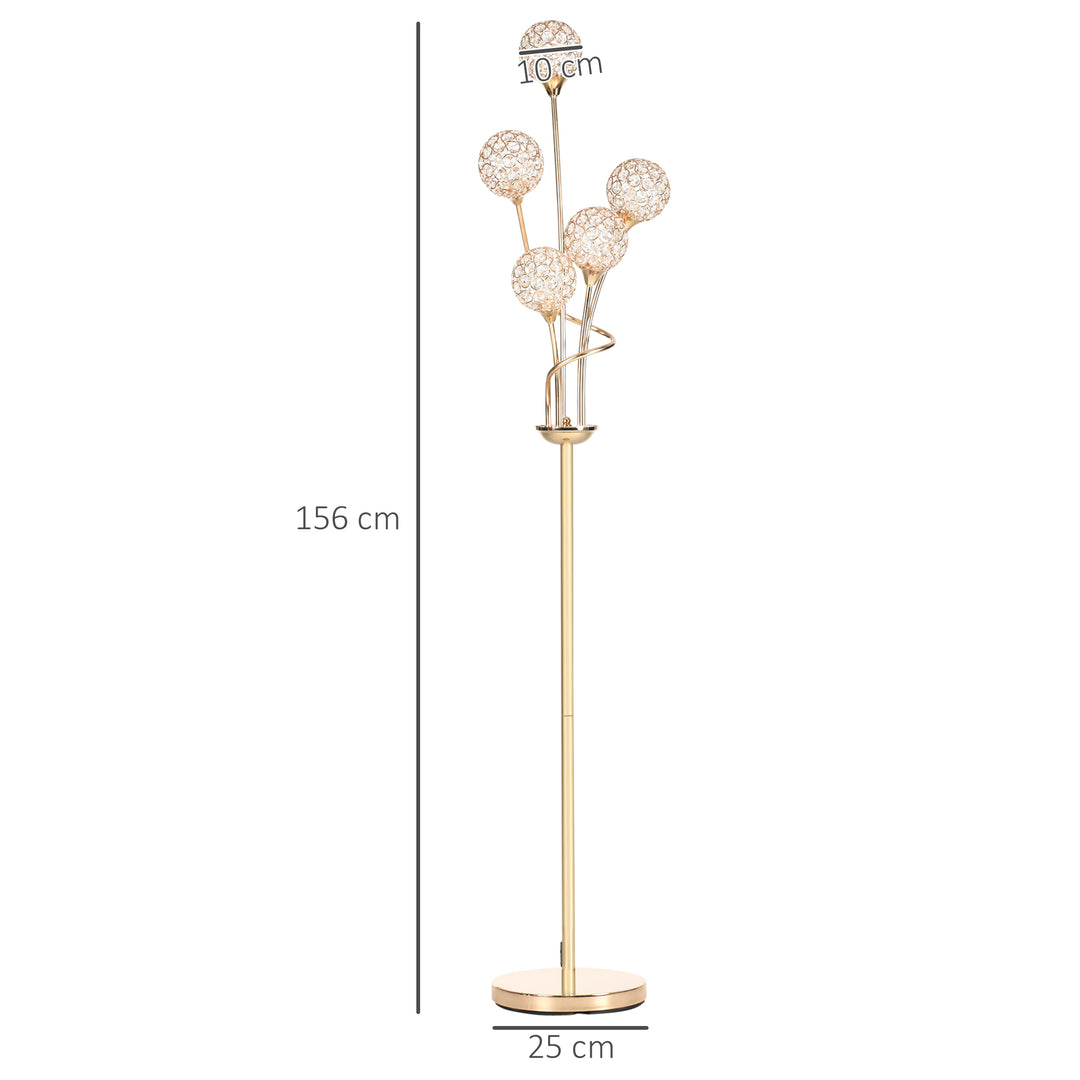 HOMCOM Crystal Floor Lamps for Living Room Bedroom with 5 Light, Modern Upright Standing Lamp, 34x25x156cm, Gold Tone