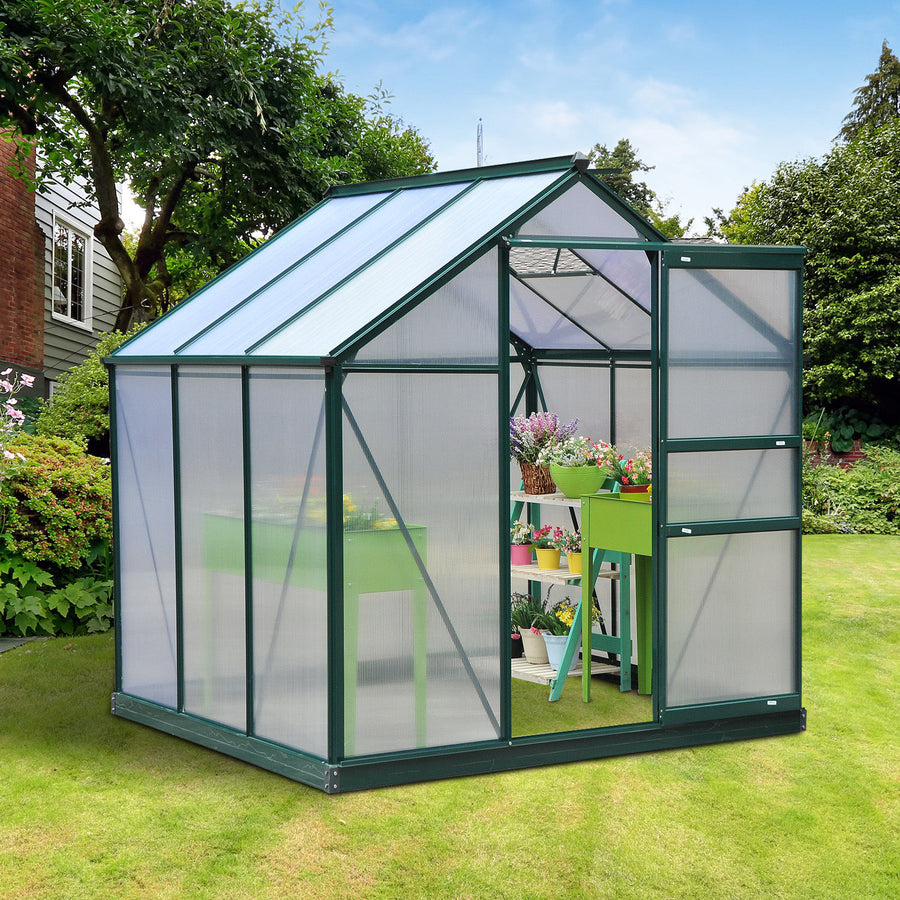 6 x 6ft Polycarbonate Greenhouse, Large Walk-In Green House with Slide Door and Window, Garden Plants Grow House with Aluminium Frame and Foundation, Dark Green