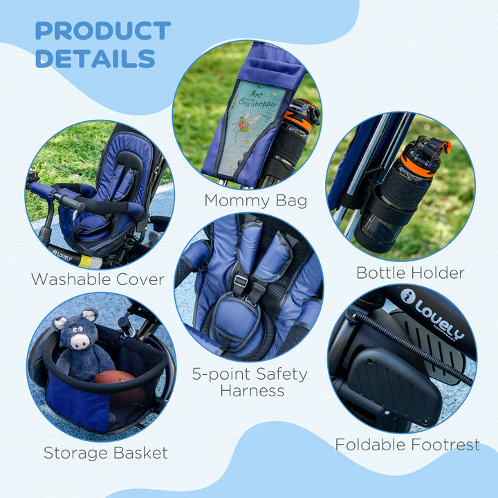 6 in 1 Kids Trike Push Bike with Push Handle, Canopy, 5-point Safety Belt, Storage, Footrest, Brake, for 1-5 Years, Dark Blue