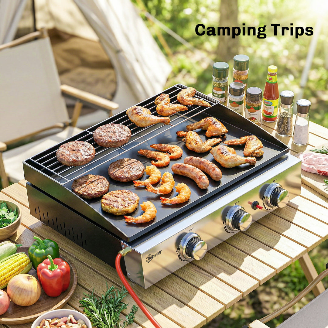3 Burner Grill Griddle, Portable Gas Plancha with Warming Rack, 7.5 kW