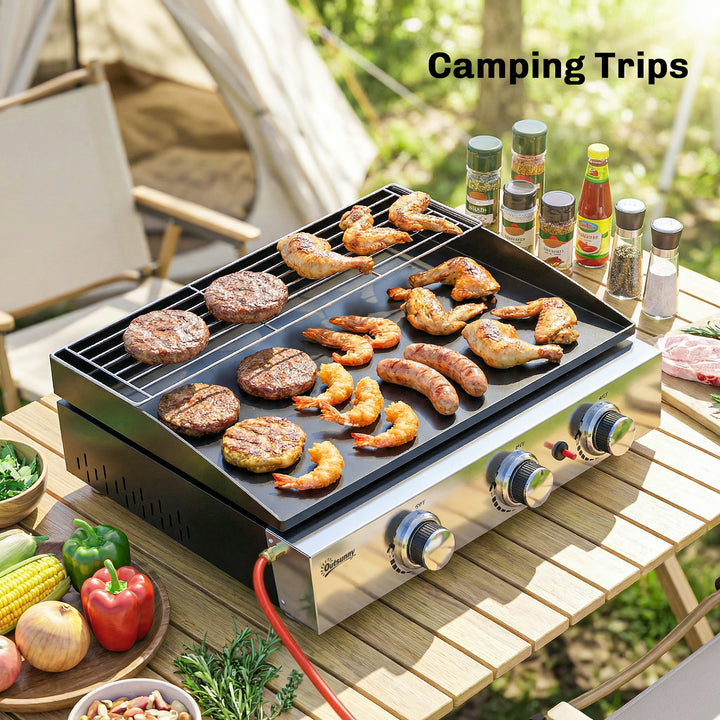 3 Burner Grill Griddle, Portable Gas Plancha with Warming Rack, 7.5 kW