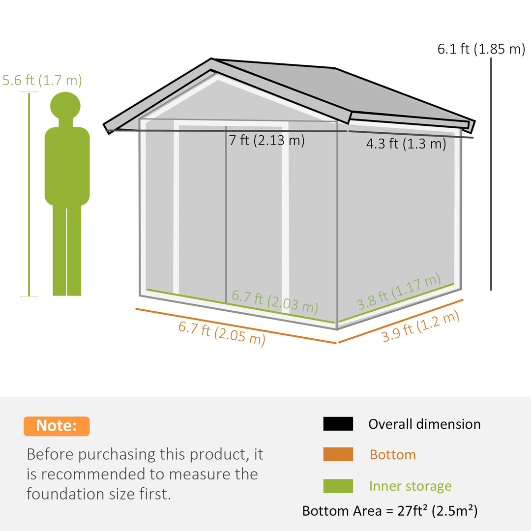 Outsunny 7ft x 4ft Lockable Garden Metal Storage Shed Large Patio Roofed Tool Storage Building Foundation Sheds Box Outdoor Furniture, Light Green