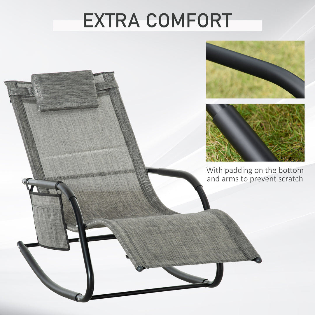 2PCs Outdoor Garden Rocking Chair, Patio Sun Lounger Rocker Chair with Breathable Mesh Fabric, Removable Headrest Pillow, Armrest, Side Storage Bag, Dark Grey