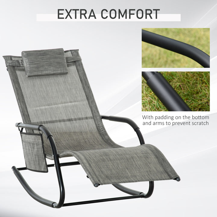2PCs Outdoor Garden Rocking Chair, Patio Sun Lounger Rocker Chair with Breathable Mesh Fabric, Removable Headrest Pillow, Armrest, Side Storage Bag, Dark Grey