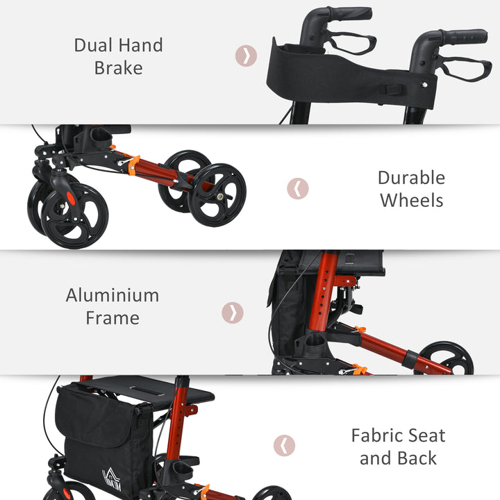 HOMCOM 4 Wheel Rollator with Seat and Back, Folding Mobility Walker with Carry Bag, Adjustable Height, Dual Brakes, Cane Holder, Lightweight Aluminium Walking Frame for Seniors and Disabled, Red