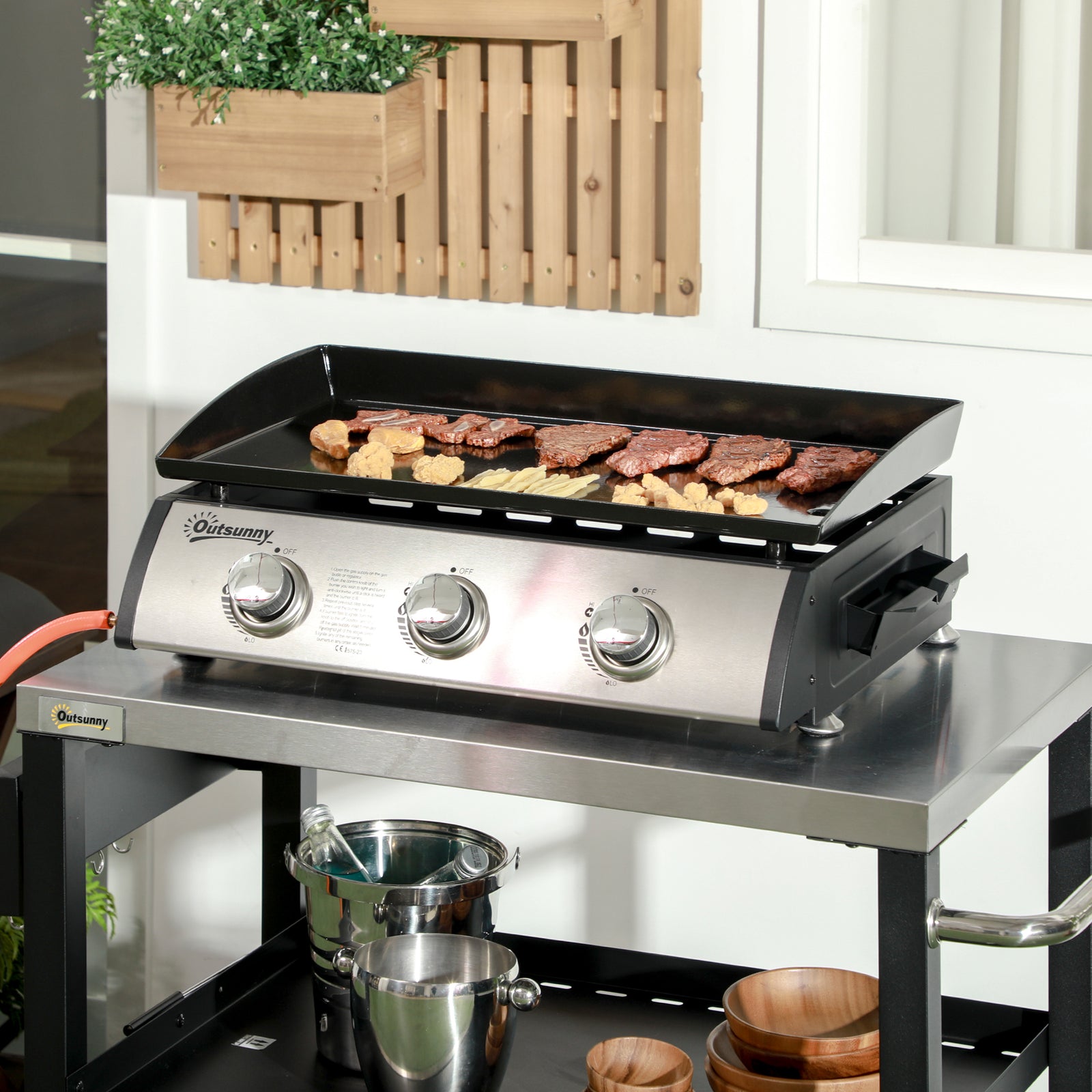 3 Burner Gas Plancha BBQ Grill with Lid, Black