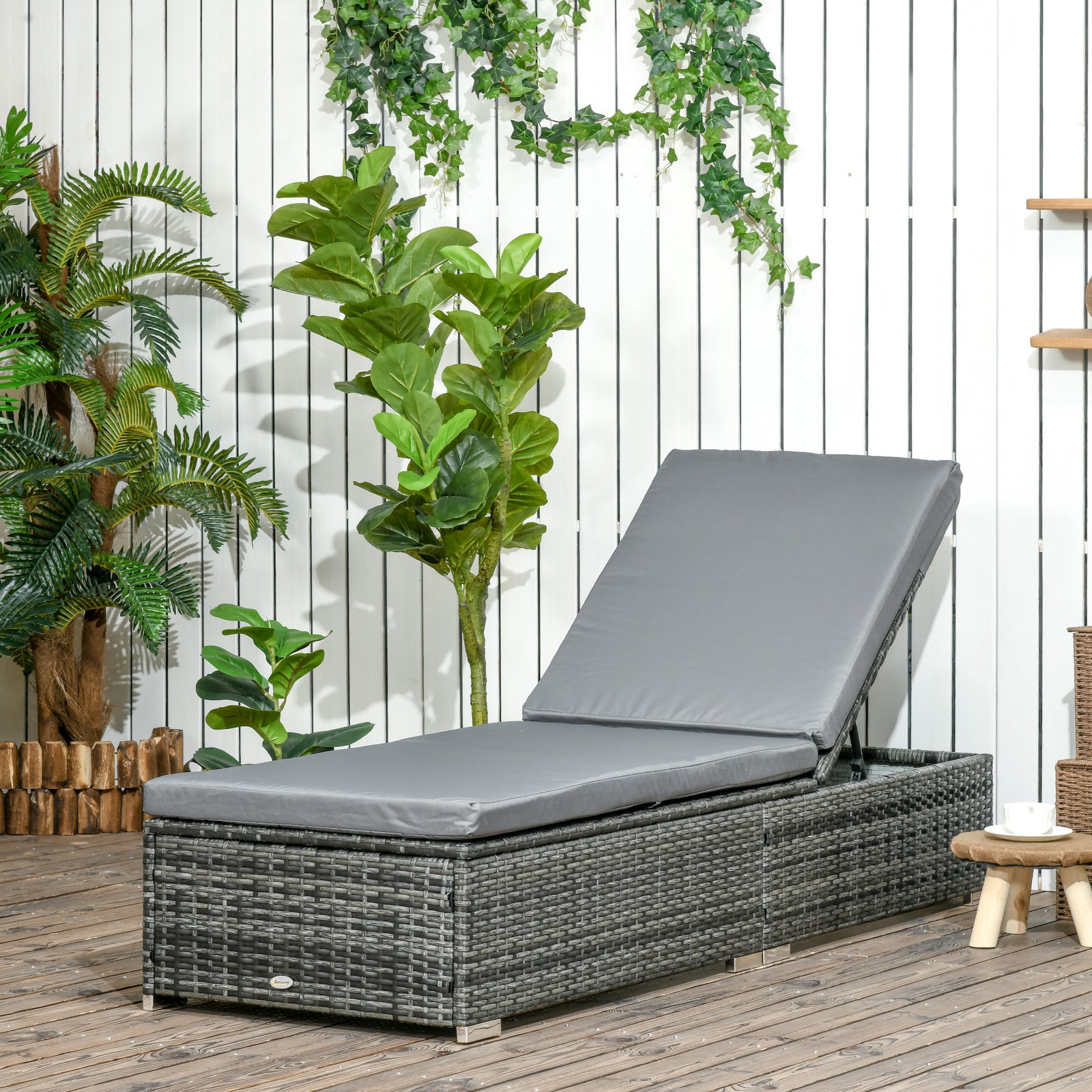 PE Rattan Sun Lounger, Five-level Adjustable Recliner Bed Chair with Soft Padded Cushion for Patio, Garden, Mixed Grey