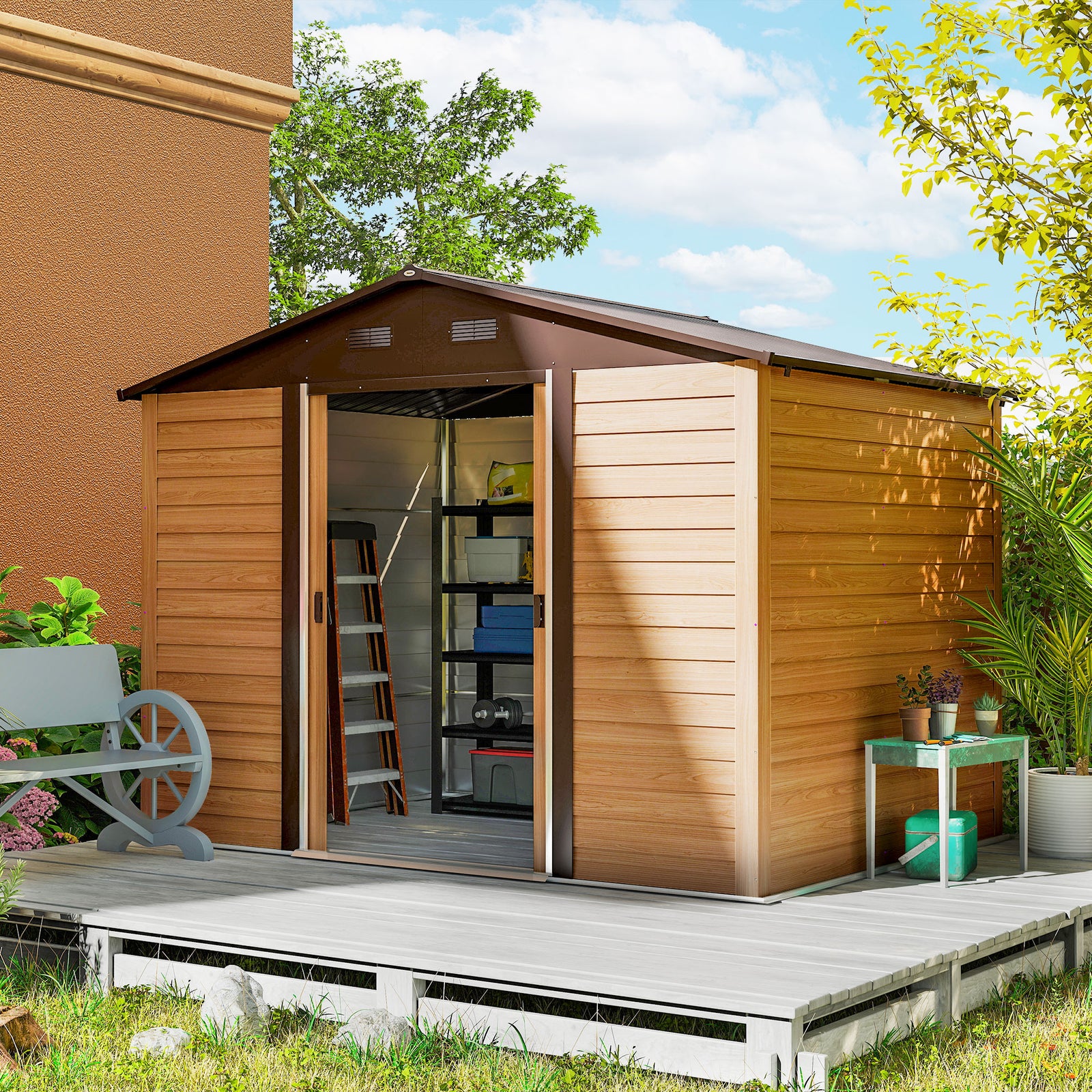 9 x 6ft Galvanised Steel Shed - Brown Wood-Effect