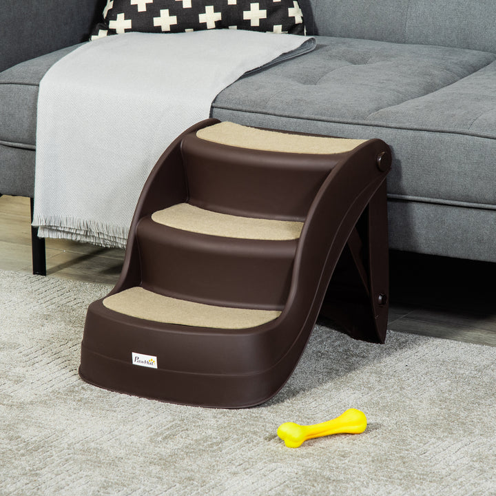 PawHut Foldable Pet Stairs Portable Dog Steps 3-Step Design with Non-slip Mats for High Beds, Sofas, 49 x 38 x 38 cm, Brown | Aosom UK