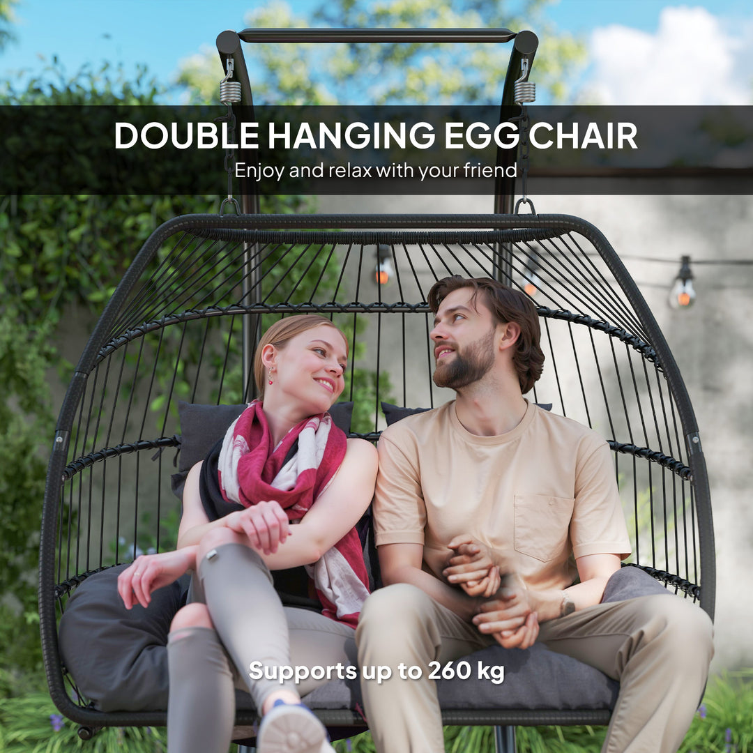 Rattan Double Hanging Egg Chair with Stand, Foldable Wicker Swing Egg Chair with Cushion, Head Pillows, Steel Frame, Hammock Chair for Indoor Outdoor, Capacity 260 kg, Dark Grey